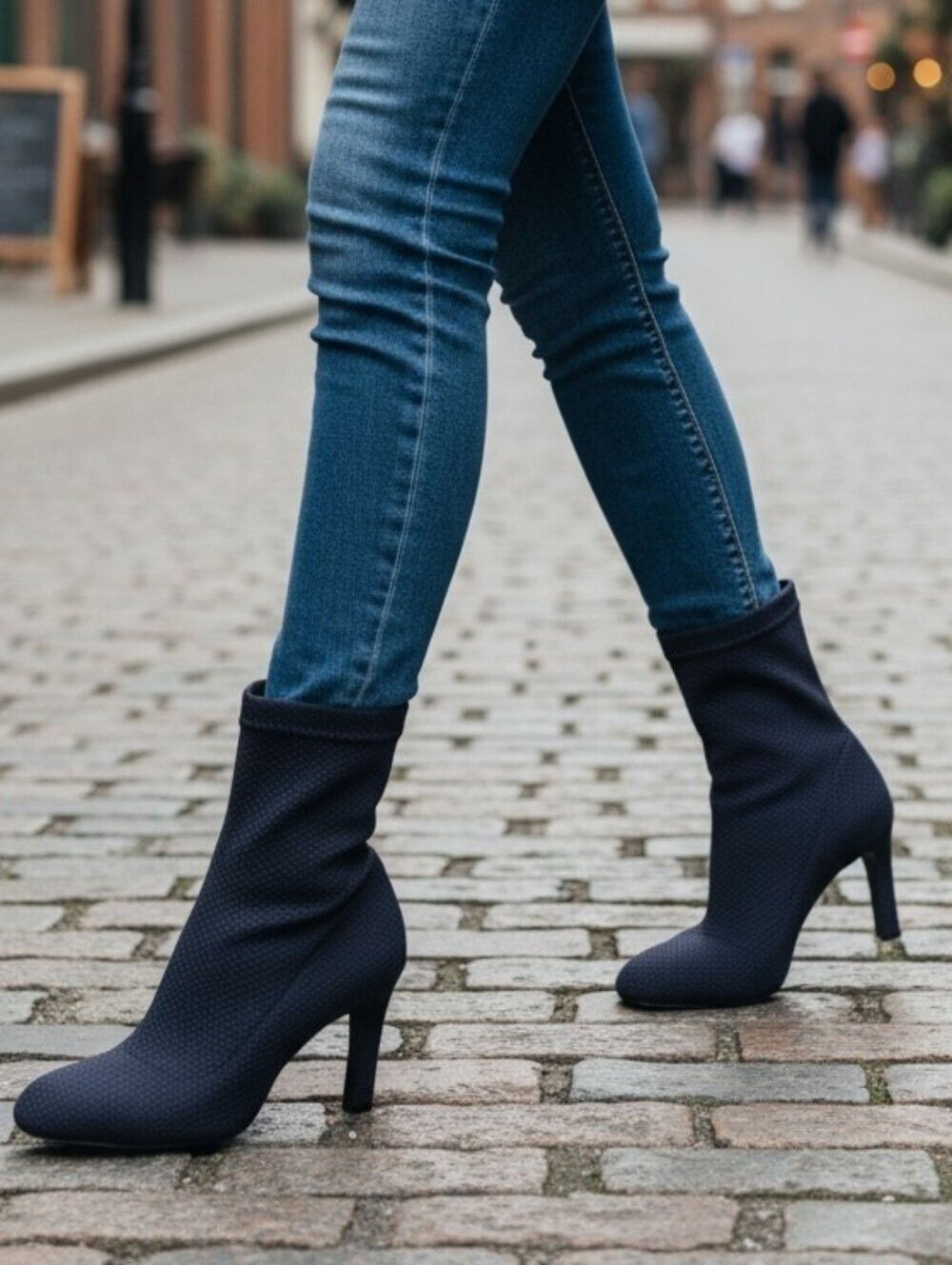 L'intervalle dark blue ankle sock boots stilettos ankle 4" heel Made in Spain